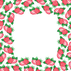 Hand drawn watercolor strawberry frame border isolated on white background. Can be used for cards, label and other printed products.
