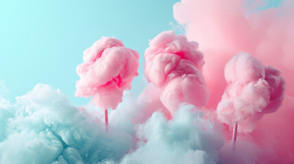 Sweet cotton candy wrapped on a stick on a pastel background in soft pop style. - obrazy, fototapety, plakaty