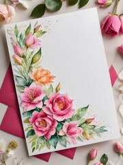 copy space for text card with flowers and leaves , watercolour , wedding invite,Happy Women's, Mother's, Valentine's Day, birthday greeting card design.