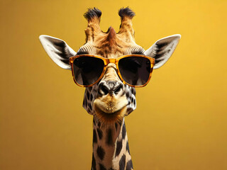 Funny cool giraffe in sunglasses isolated on a yellow background. African wildlife animal portrait, generative ai