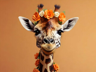 Naklejki  Funny giraffe with a flower wreath on her head, orange background, African animal portrait, generative ai