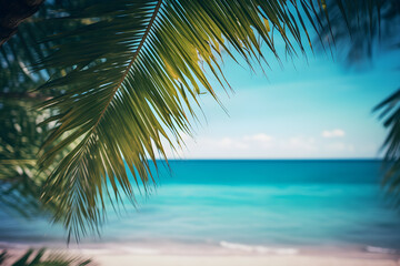 Fototapeta premium Abstract seascape with palm tree, tropical beach background with light of calm sea and sky. summertime vacation background concept.