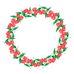 Hand drawn watercolor cherry with green leaves wreath border isolated on white background. Can be used for cards, label and other printed products.