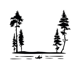 fisherman in a boat in the forest vector silhouette. silhouette of tall pine trees and a boat with a fisherman in the water vector