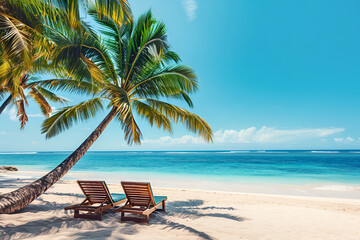 Exotic tropical sand beach with deck chairs and palms on sunny day