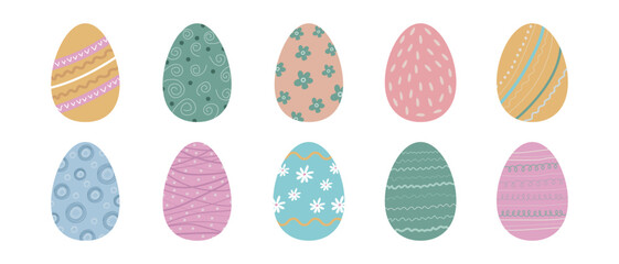 A set of Easter eggs drawn and painted by hand. Easter eggs on a white background.