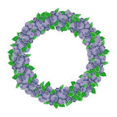 Hand drawn watercolor blueberry with green leaves frame border isolated on white background. Can be used for cards, label and other printed products.