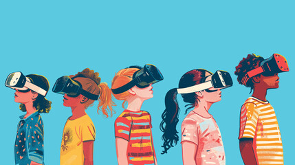 Group of children wearing assorted virtual reality VR headsets; kids using modern futuristic technology concept