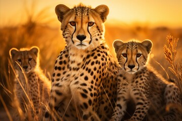 Majestic cheetah family roaming african savannah at vibrant sunset