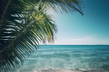 Abstract seascape with palm tree, tropical beach background with light of calm sea and sky. summertime vacation background concept.