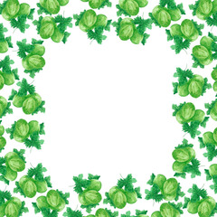 Fototapeta premium Hand drawn watercolor gooseberry with green leaves frame border isolated on white background. Can be used for cards, label and other printed products.
