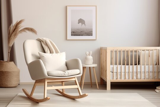 a nursery with a modern design. The room is decorated with a rocking chair, a crib, and a framed animal art on the wall. The color palette is neutral and the overall mood is peaceful.