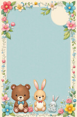 Fototapeta premium Baby style paper, decorated with bear and bunny, copy space
