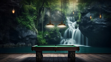 Billiard table against picturesque landscape of serene nature captures tranquil concentration of billiards game symbolizes fusion of strategic pool gameplay with calming influence of outdoors