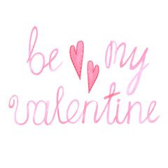 Fototapeta premium Hand drawn watercolor pink valentine sign and red hearts isolated on white background. Can be used for cards, album, poster and other printed products.