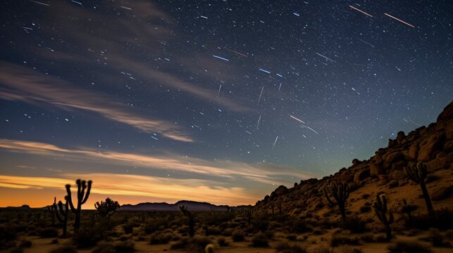 A beautiful night sky with star trails over the desert featuring Joshua Trees. - Powered by Adobe