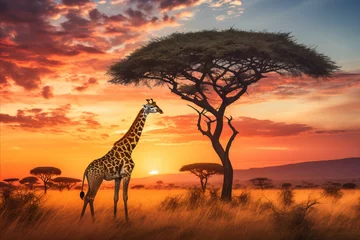 Foto op Aluminium Giraffes roaming the african savannah at sunset, casting a golden glow over the vast landscape © Игорь Кляхин