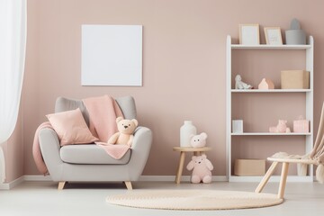Pink and white themed nursery with a gray armchair, bookshelf, and toys on a round rug. The room has a large window and light-colored walls