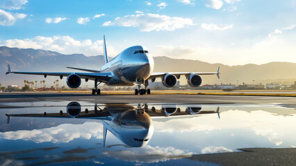 A large passenger plane lands on the runway. Tourism and travel concept.