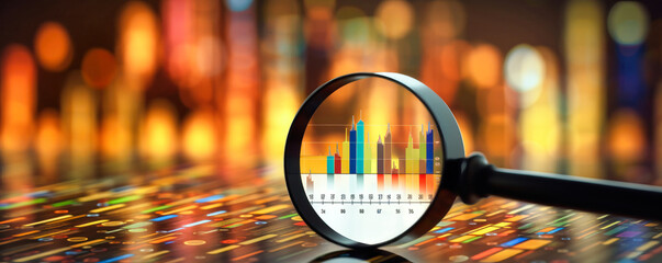 Magnifying Glass on Paper, Examining Business Control, Market Research, and Trading. Business Control over quotes and shares. Market research. Trader.