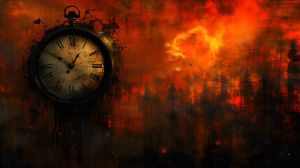 Time Running Out: Clock Burning on a burning red Background. Conceptual of waist time, no time, clock a melting. Banner with copy space.