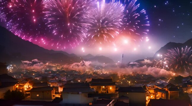 Chinese village scene with mountain hills in the background celebrating new year with fireworks and sparkles