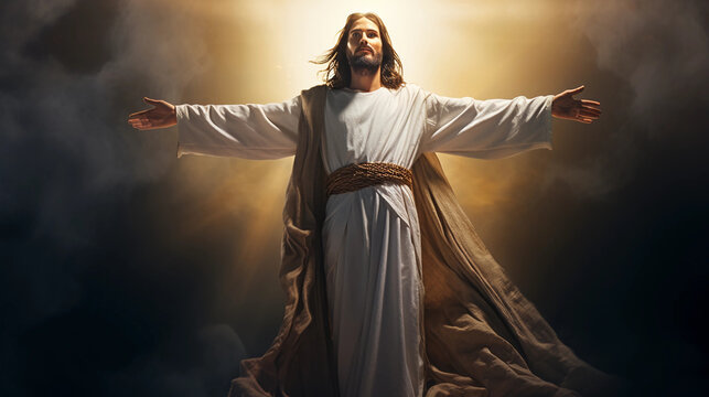 Jesus Christ With His Arms Outstretched Backlit by Heavenly Lights