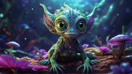 A plush bewitching fishlike alien floats gracefully in a mesmerizing concept art line art.