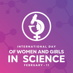 Illustration of Women's and Girls' Day in Science. Female symbol in combination with microscope. Background with pink and purple gradient colors. Vector illustration