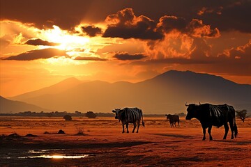Fototapeta na wymiar Golden african savannah landscape. picturesque buffaloes grazing at serene sunset