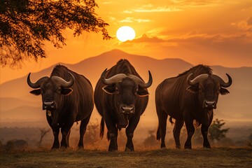 Wild buffaloes grazing in the glowing african savannah during the stunning sunset