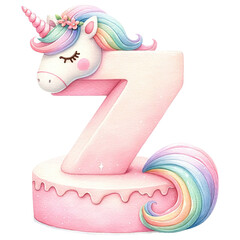 Pink and rainbow unicorn cake number 7 shape