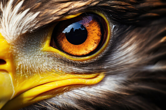 Macro photo of a bald eagle's eye, highlighting its sharp gaze and the surrounding feather texture