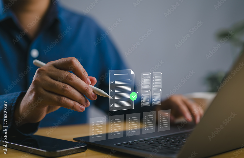 Poster business performance monitoring concept, businessman using computer laptop online survey filling out