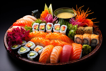 Traditional Japanese bento box with an assortment of sushi and tempura, vibrant colors on display