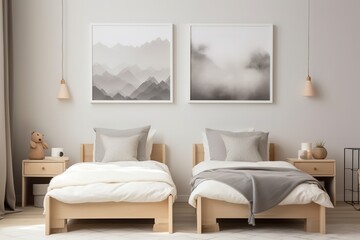 a modern bedroom with abstract art on the wall, white and gray bedding, and wooden nightstands. The room is decorated in neutral colors and has a cozy feel.