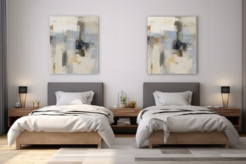 a modern bedroom with two twin beds, abstract art, and a neutral color palette. The room is well-lit and has a cozy ambiance.