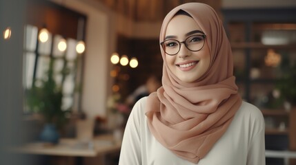 Young Adult Confident Attractive Woman with Hijab, Beautiful Lady Wearing Glasses, Close Up
