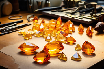 Collection of variously cut citrine stones lie on a jeweler’s table, displaying a range of yellow...