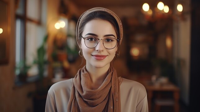 Young Adult Confident Attractive Woman with Hijab, Beautiful Lady Wearing Glasses, Close Up
