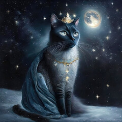 A mystical anthropomorphic cat in a crown and luxurious clothes walks at night under the moon