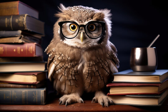 Owl as a professor, wearing glasses and perched on a stack of books