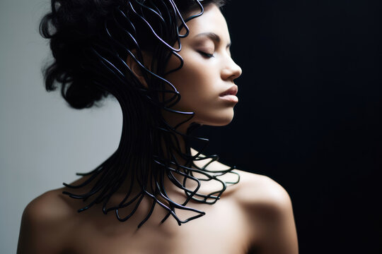 
Photograph of a woman's neck adorned with an avant-garde, sculptural wire necklace, abstract in design