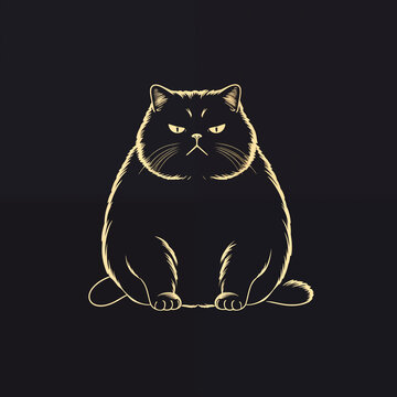 fat fluffy black cat drawn on a black background. Prints for textiles, mugs, cards, idea for logo, banner,clothes, postcard, mug, T-shirt,