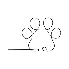 Dog paw continuous one line drawing outline vector illustration