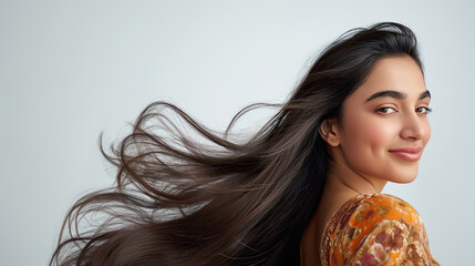 a indian woman model showing strong hair for hair oil brand on white background - obrazy, fototapety, plakaty
