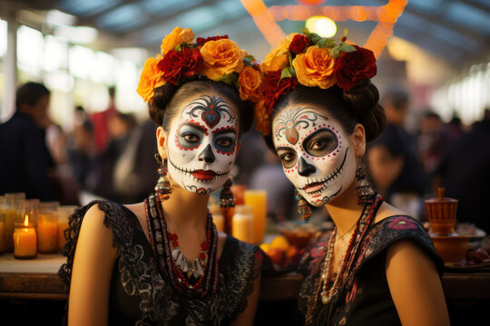 
Photograph of girls twins, 30 years old, Mexican, in traditional dresses at a Day of the Dead celebration