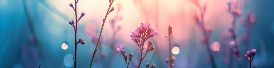 A panoramic photorealistic serene backdrop photo view of flowers, featuring a soft focus in a...