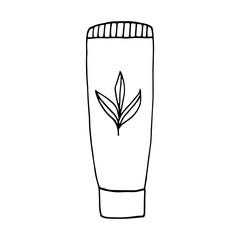 tube of cream with leaves hand drawn in doodle style. minimalism, monochrome, scandinavian.