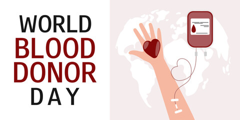 Woman hand and blood bag. World blood donor day. June 14. Blood donation concept. Horizontal banner, poster, card, flyer. 